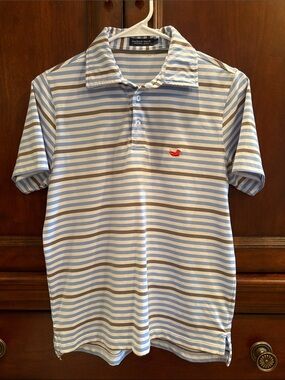 ✨ LIKE NEW ✨ boys Southern Marsh Light Blue, White & Chocolate Striped Polo, YL